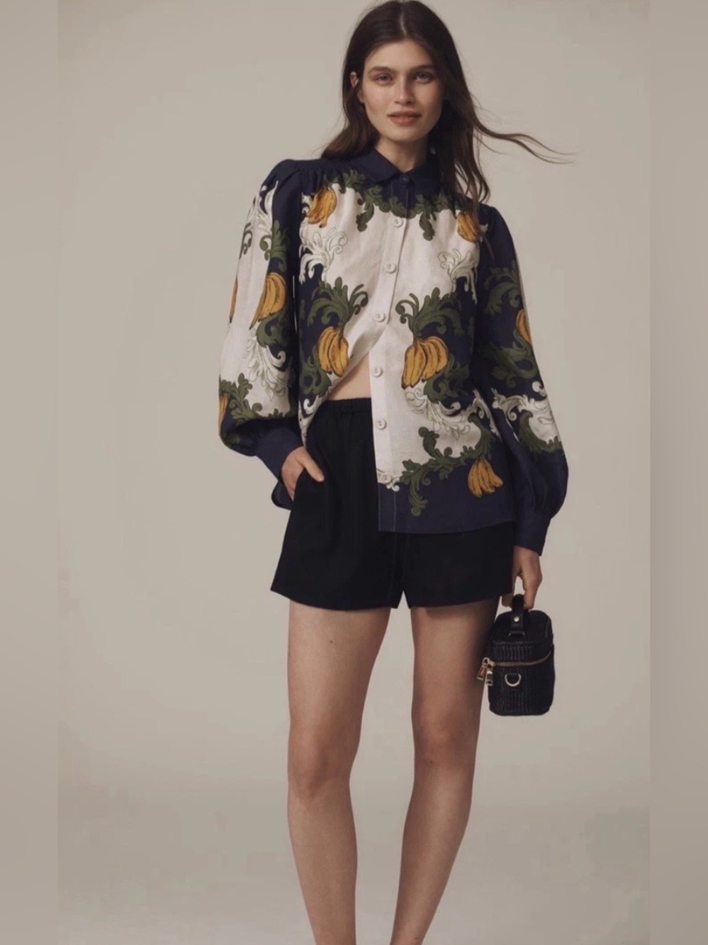 “Farm Rio x Anthropologie Banana Royalty Kaleidoscope Puff-Sleeve Linen Blouse M